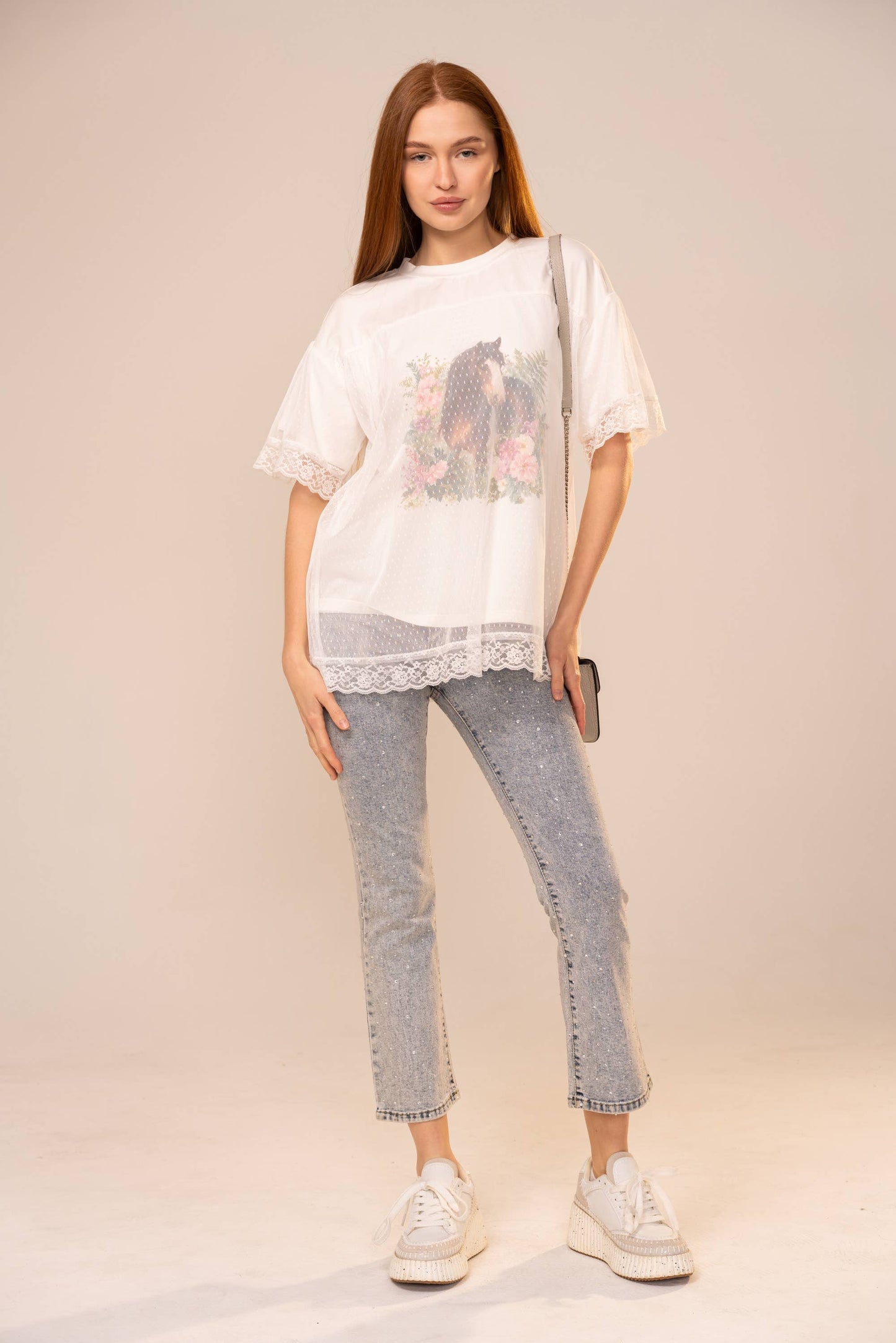 Horse Print Mesh Lace Trim T-Shirt: OFF WHITE