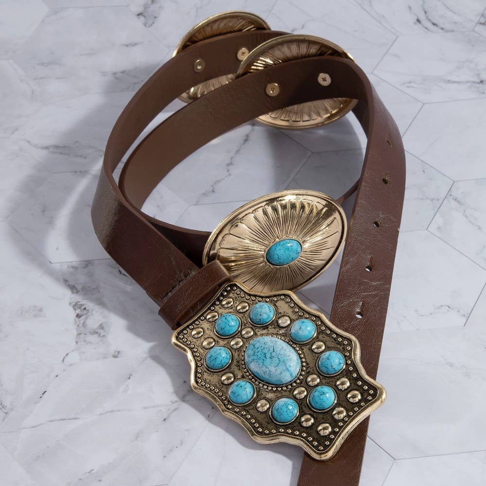Assorted Western Concho Turquoise Stone Faux Leather Belt