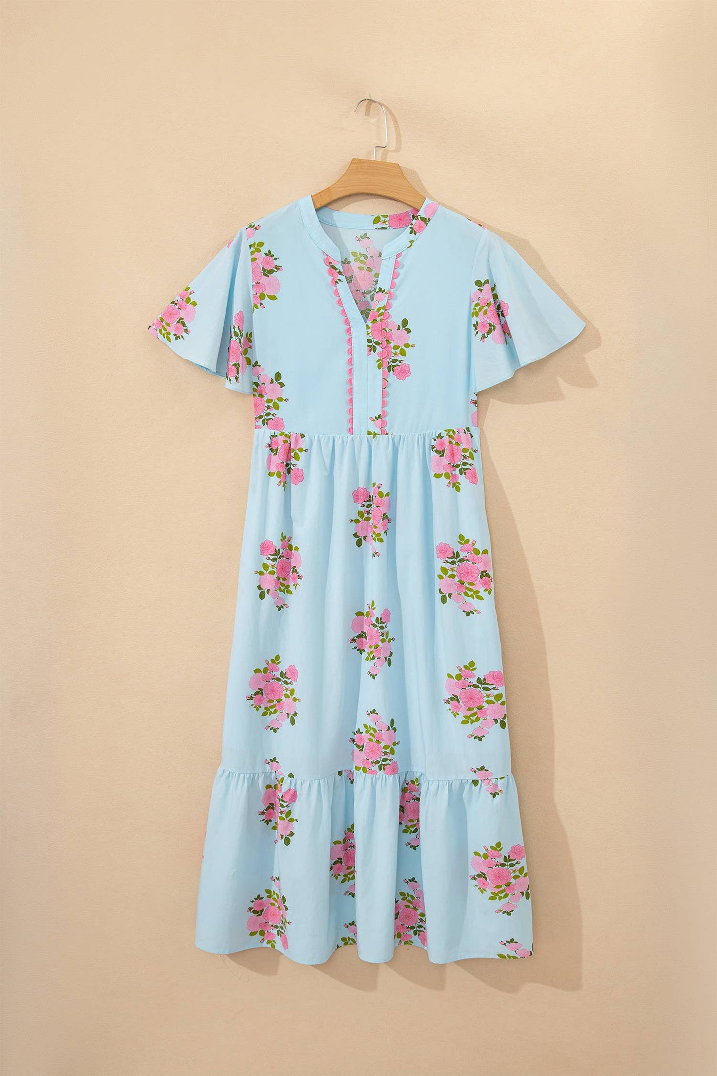 V Neck Flutter Short Sleeve Floral Maxi Dresses Sky Blue