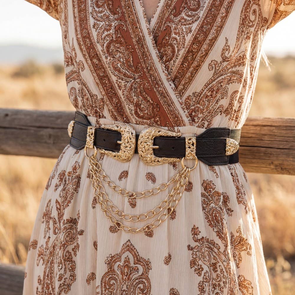 Double Buckle Chain Detail Vegan Leather Belt