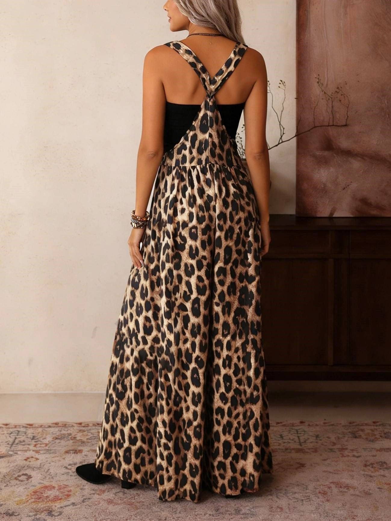 Retro Western Leopard Print Adjustable Strap Jumpsuit: Leopard