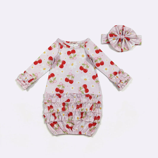 Cherry Daisy Baby Gown W/Headband