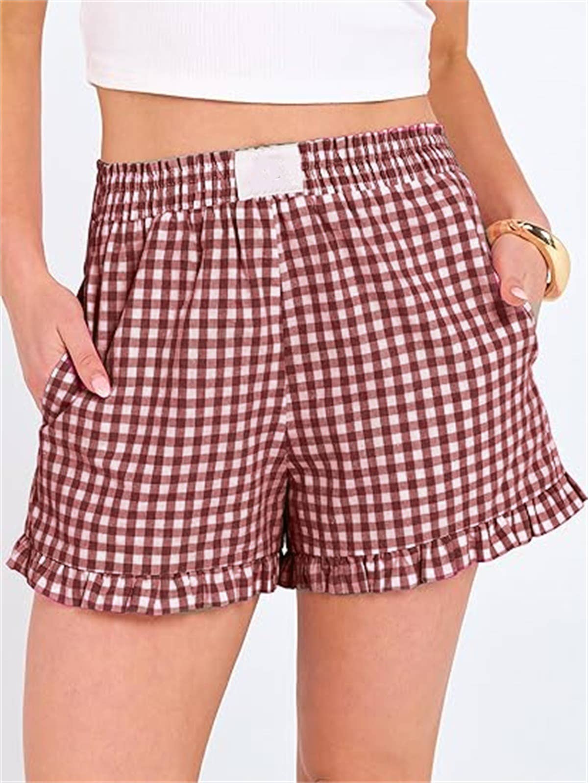 Beach Check Print Shorts Ruffle Casual Shorts: Red