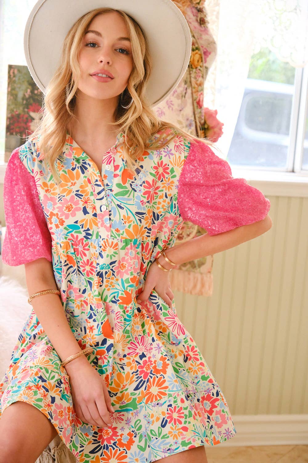 Floral Cotton Sequin Puff SLV Shirt Mini Dress: MULTI