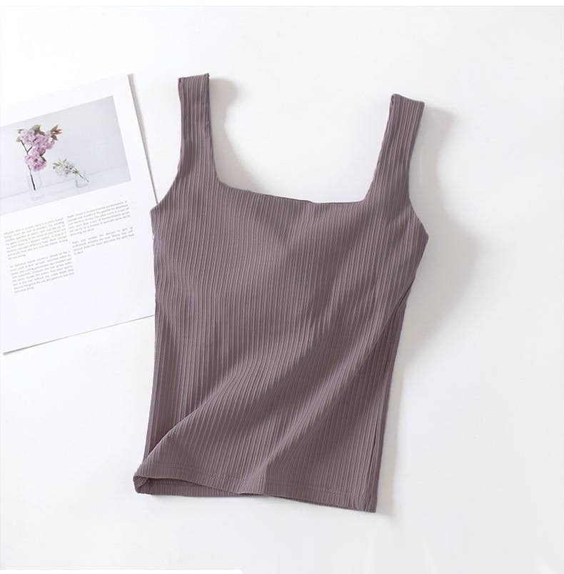 Basic Essential cotton square neck rib tank top w self bra: Purple