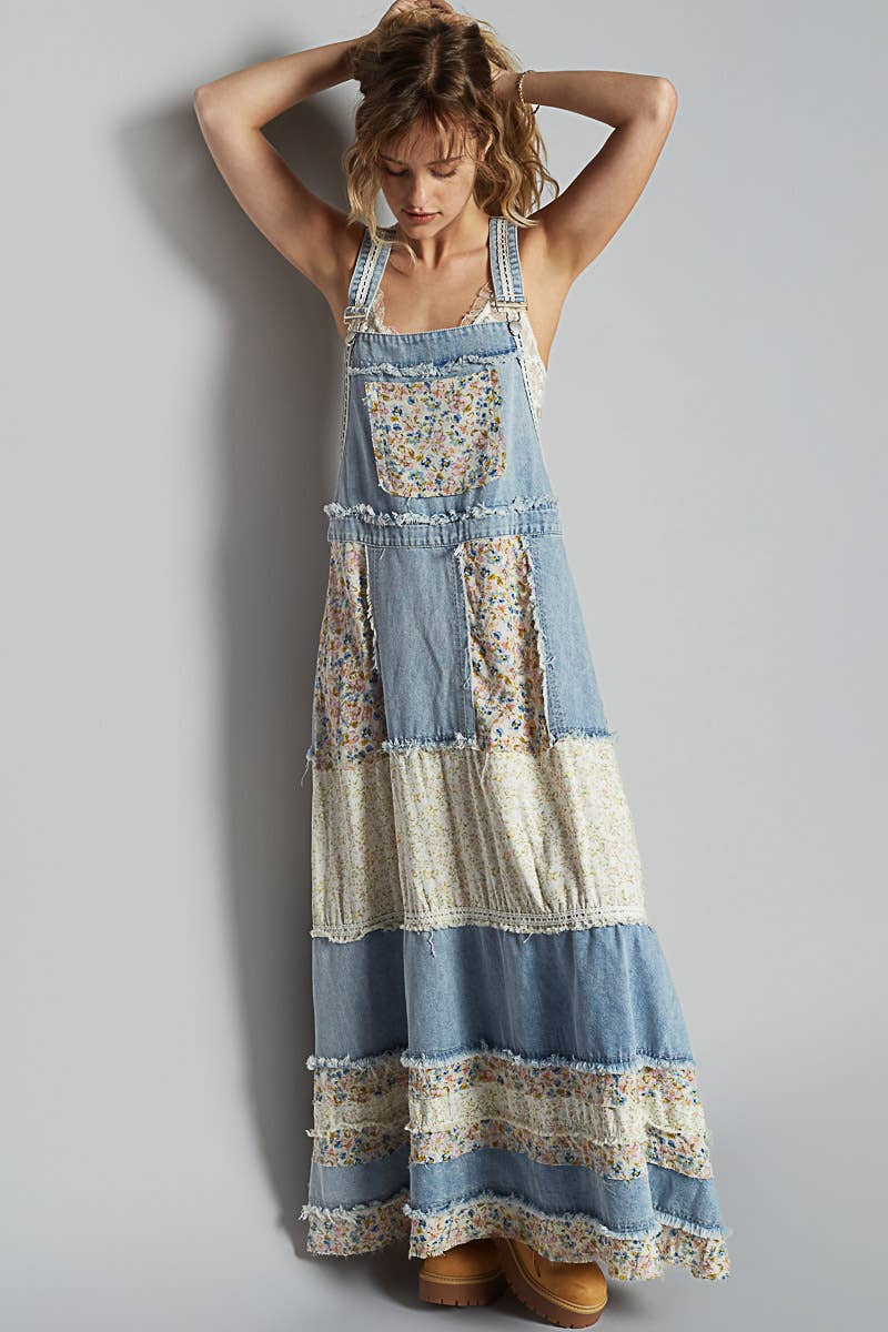Vintage Washed Front Pocket Floral Contrast Dress: DENIM