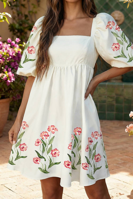 Floral Print Puff Sleeve Babydoll Dress: Beige