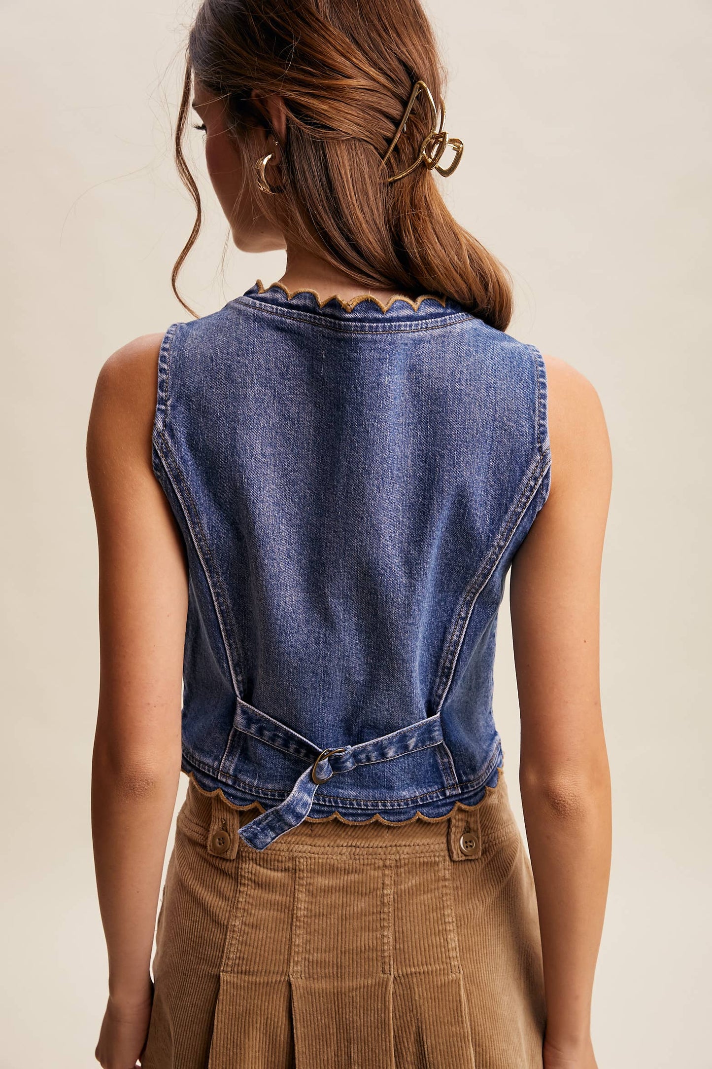 Scallop Trim Stretch Denim Vest Drift Blue