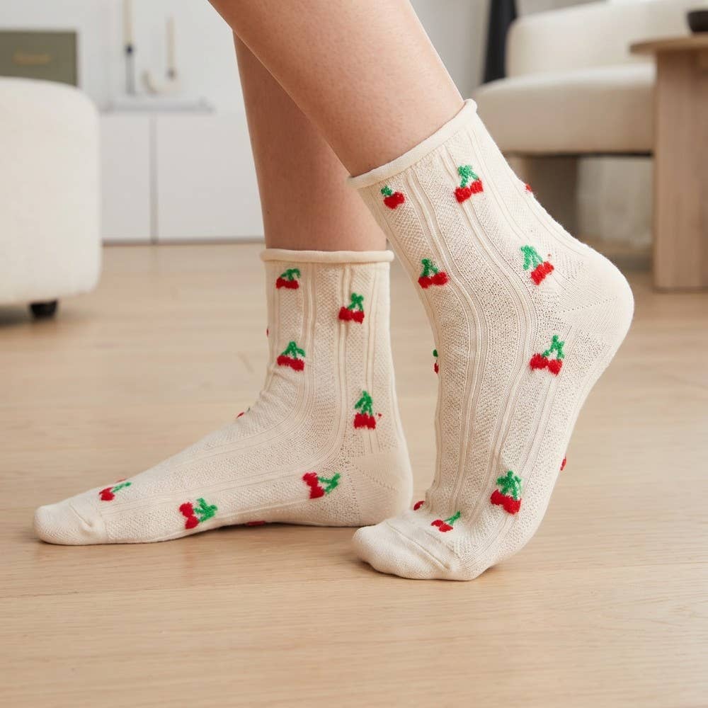 Intricate Cherry Embroidered Beige Socks: Beige