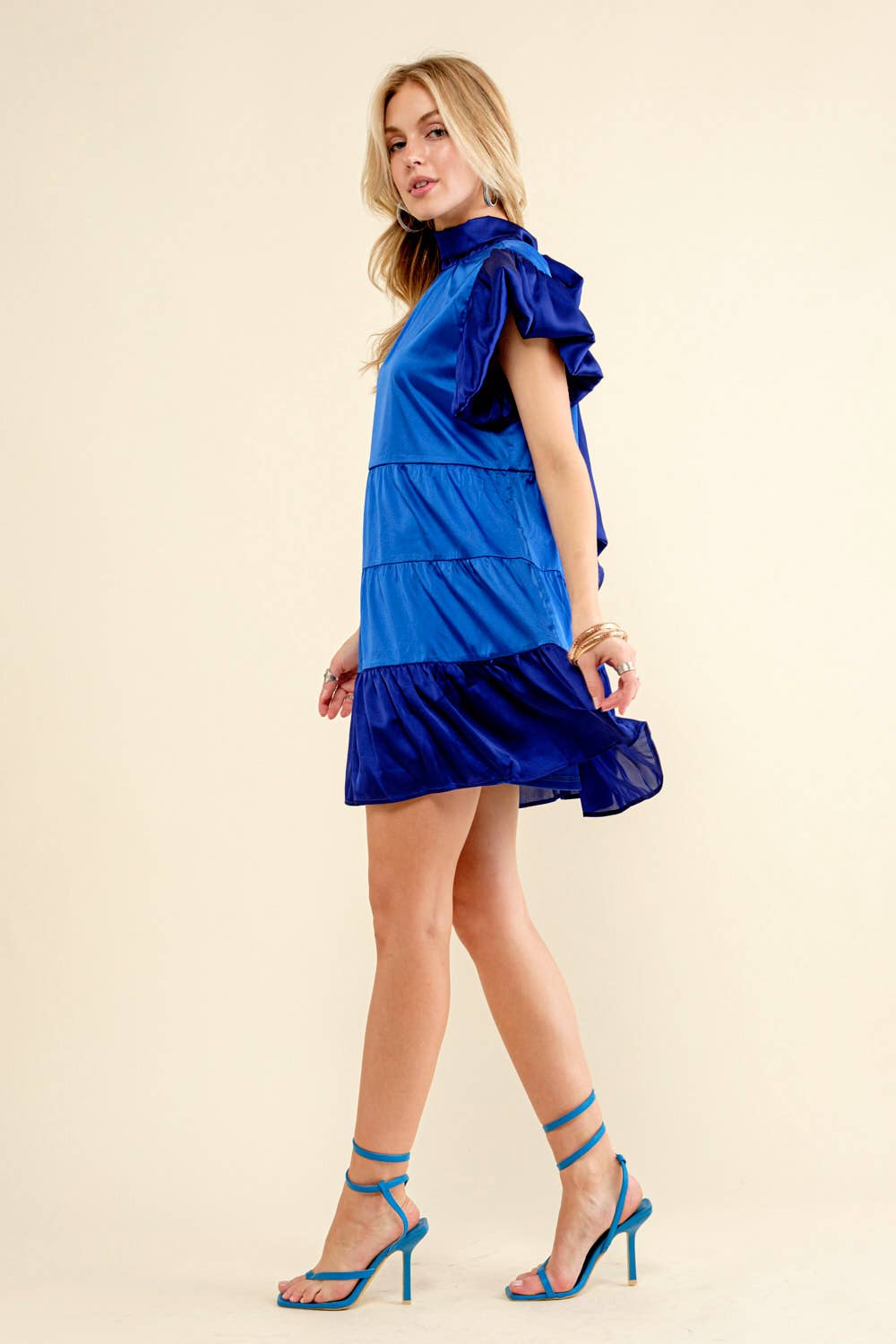 Tiered Tie Neck Back Mini Dress: FRENCH BLUE