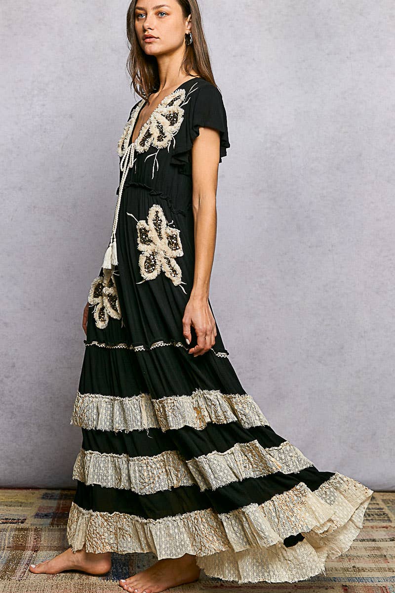 Ruffle Trim V-neck Embroidery Sequins Tassel Long Dress: Black