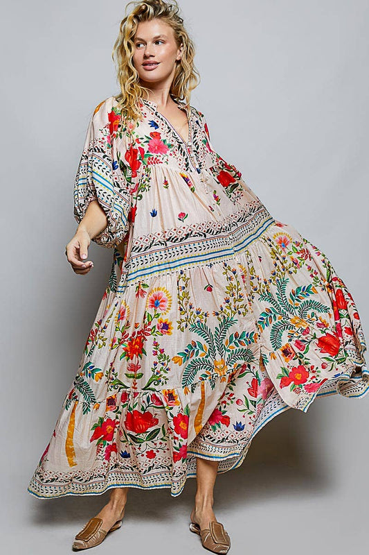 Boho Deep V-Neck Floral Balloon Sleeve Long Dress: NATURAL MULTI