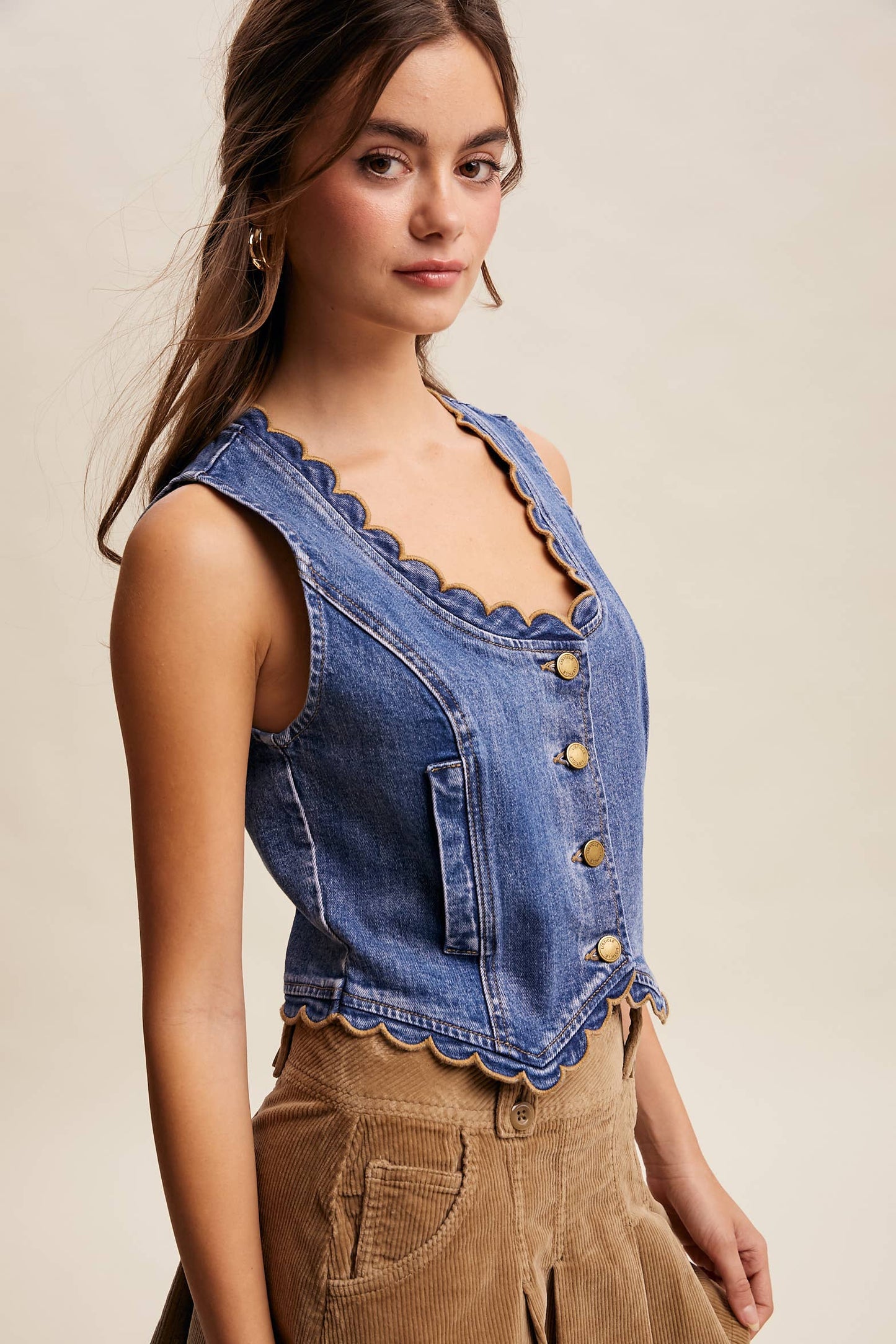 Scallop Trim Stretch Denim Vest Drift Blue
