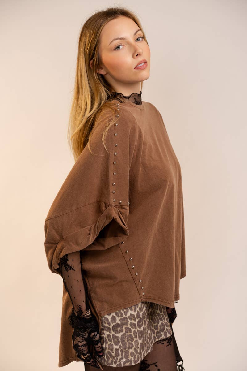 Garment Washed Roll Up Sleeve Studded High Low Tee