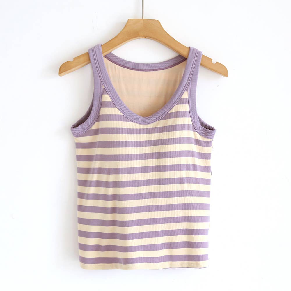 Contrast stripe scoop neck built-in bra tank top: Purple