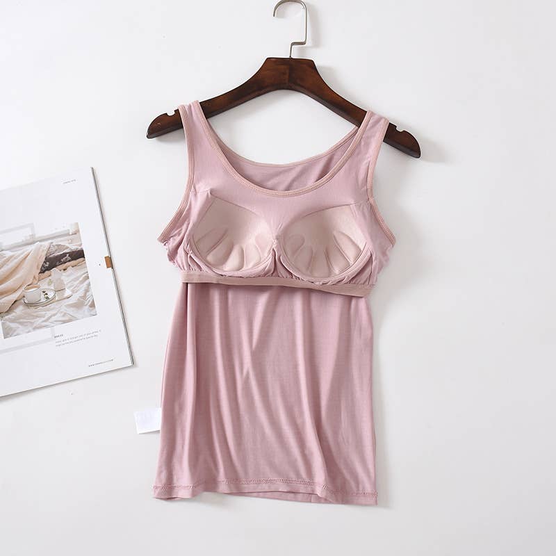 Regular basic soft flowy built-in bra tank top: Pink