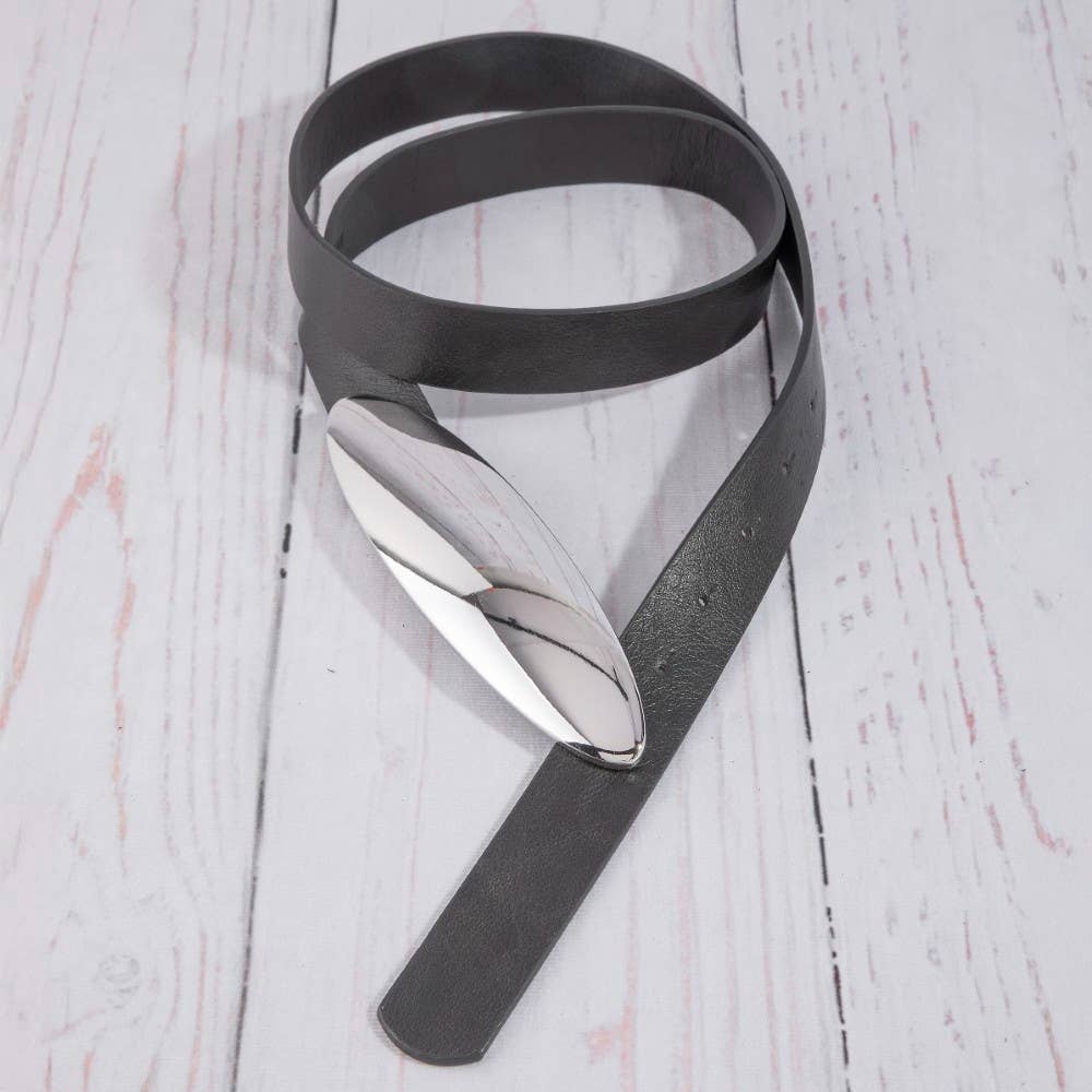 Vegan Leather Oval Long Plate Buckle Belt