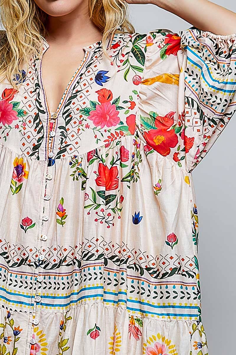 Boho Deep V-Neck Floral Balloon Sleeve Long Dress: NATURAL MULTI