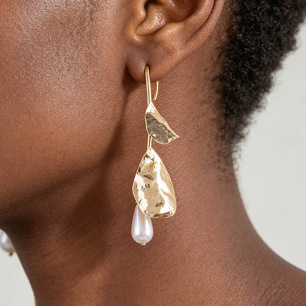Hammered Leaf Pearl Stone Drop Earrings