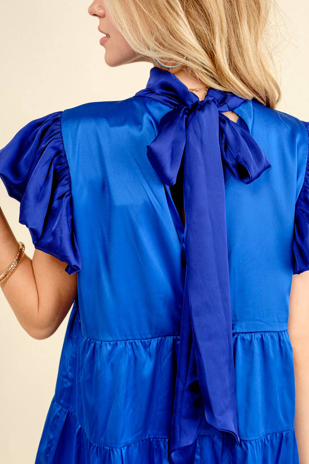 Tiered Tie Neck Back Mini Dress: FRENCH BLUE