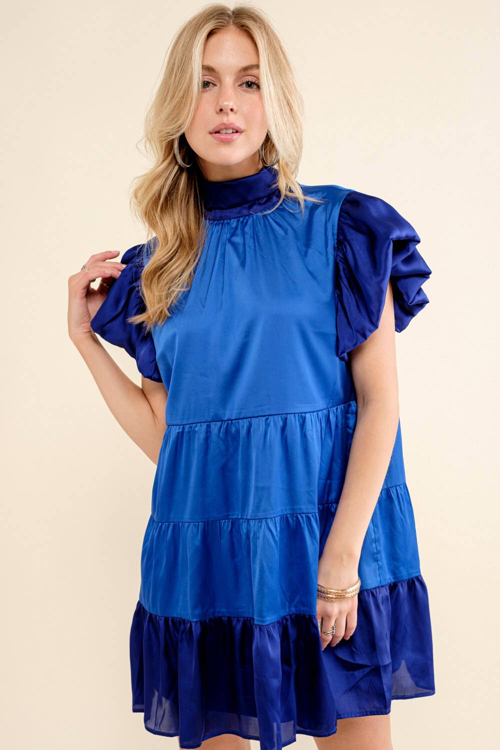 Tiered Tie Neck Back Mini Dress: FRENCH BLUE