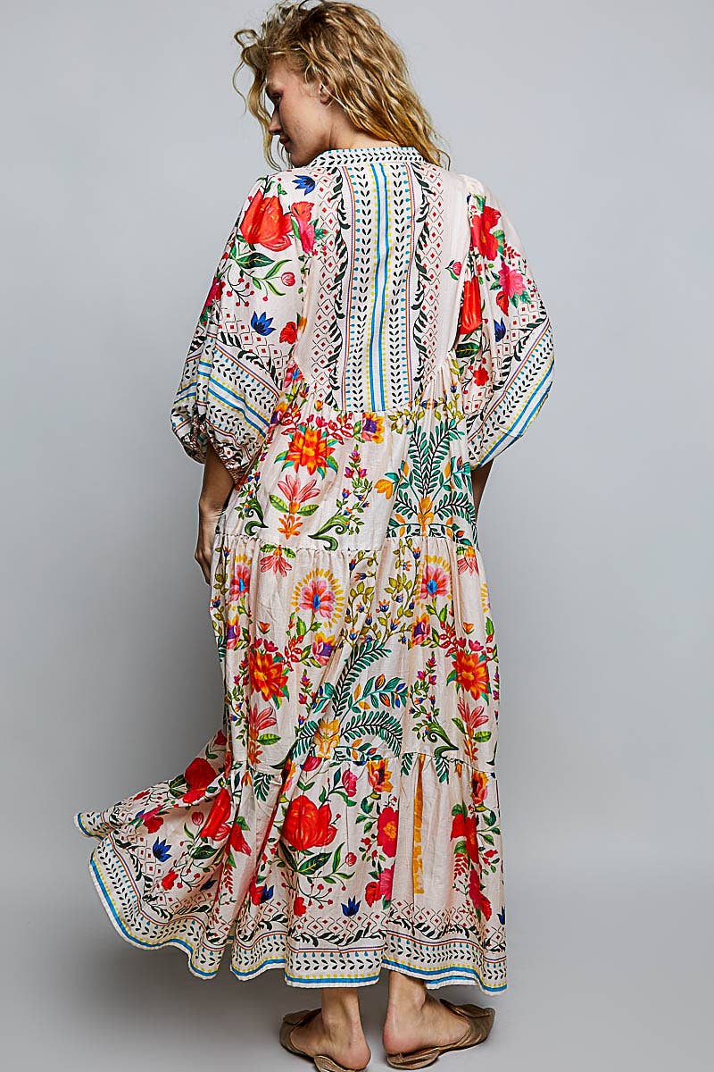 Boho Deep V-Neck Floral Balloon Sleeve Long Dress: NATURAL MULTI