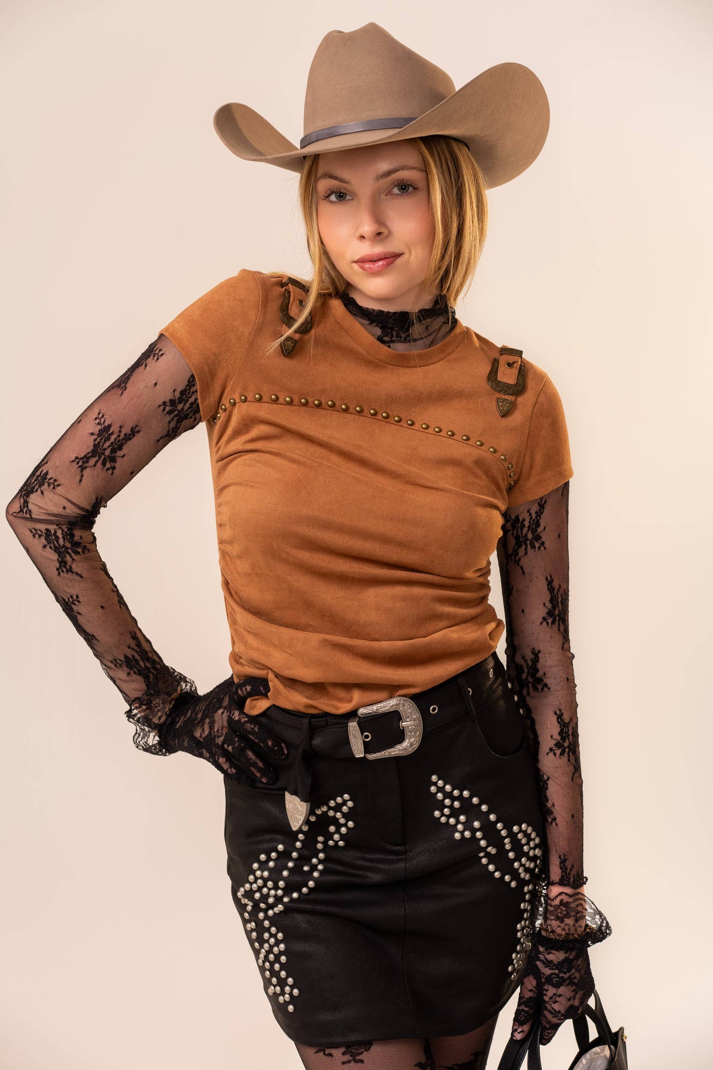 Suede Western Buckle Studded Top: CAMEL