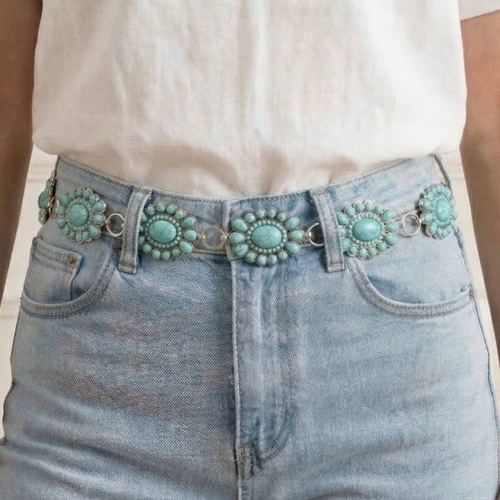 Western Turquoise Stone Bead Concho Disc Chain Belt: Silver