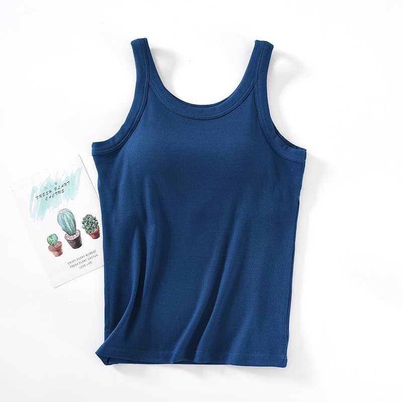 Athleisure built-in bra rib tank top: Navy