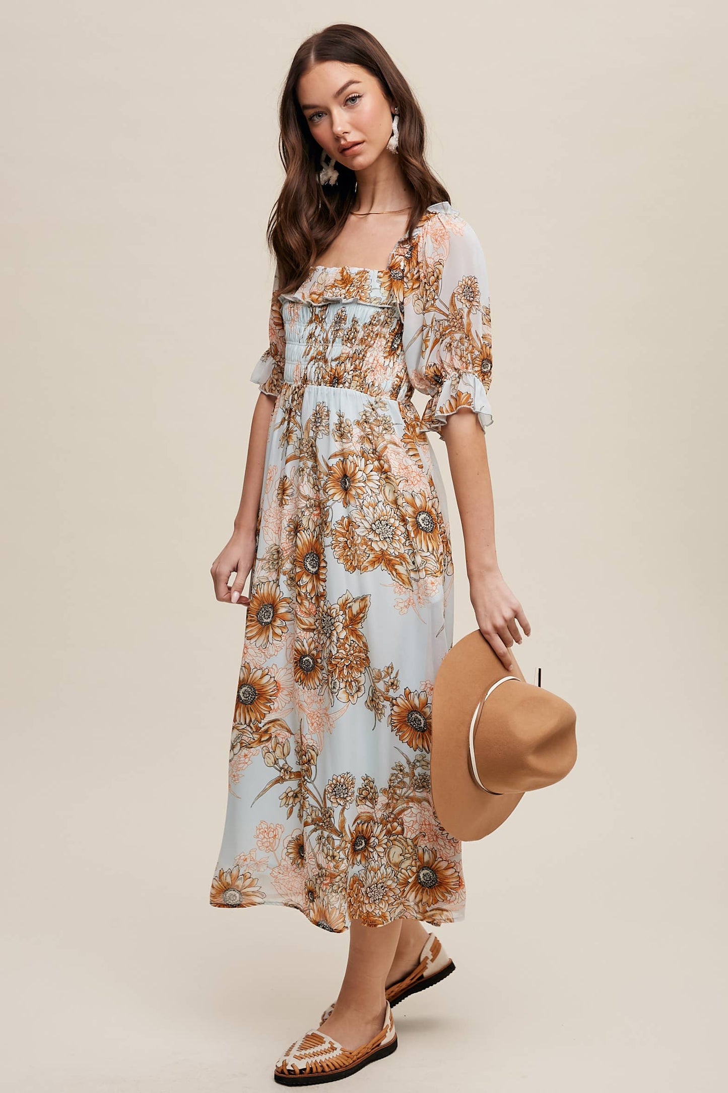 Floral Smocked Midi Dress: Butter Scotch