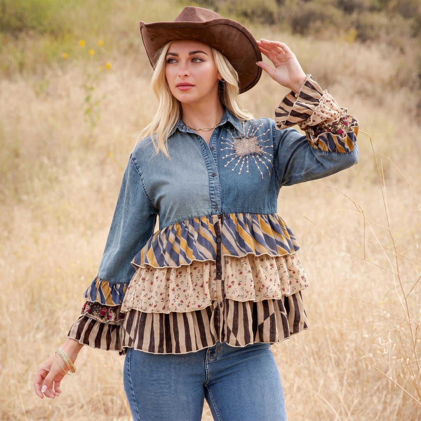 Vintage Boho Denim Yoke Patchwork Tiered Tunic Top