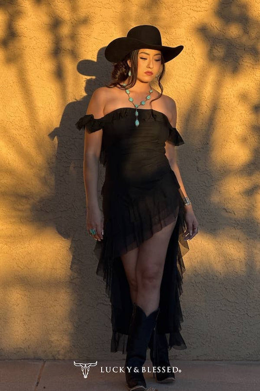 Black Off Shoulder Ruffle Asymmetrical Back Te Dress