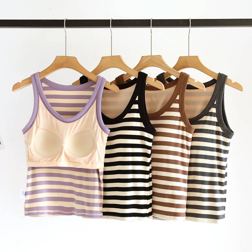 Contrast stripe scoop neck built-in bra tank top: Purple