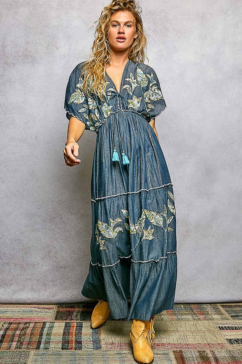 Embroidery Ruffle Neck Loop Cotton Denim V-neck Long Dress : DEEP DENIM