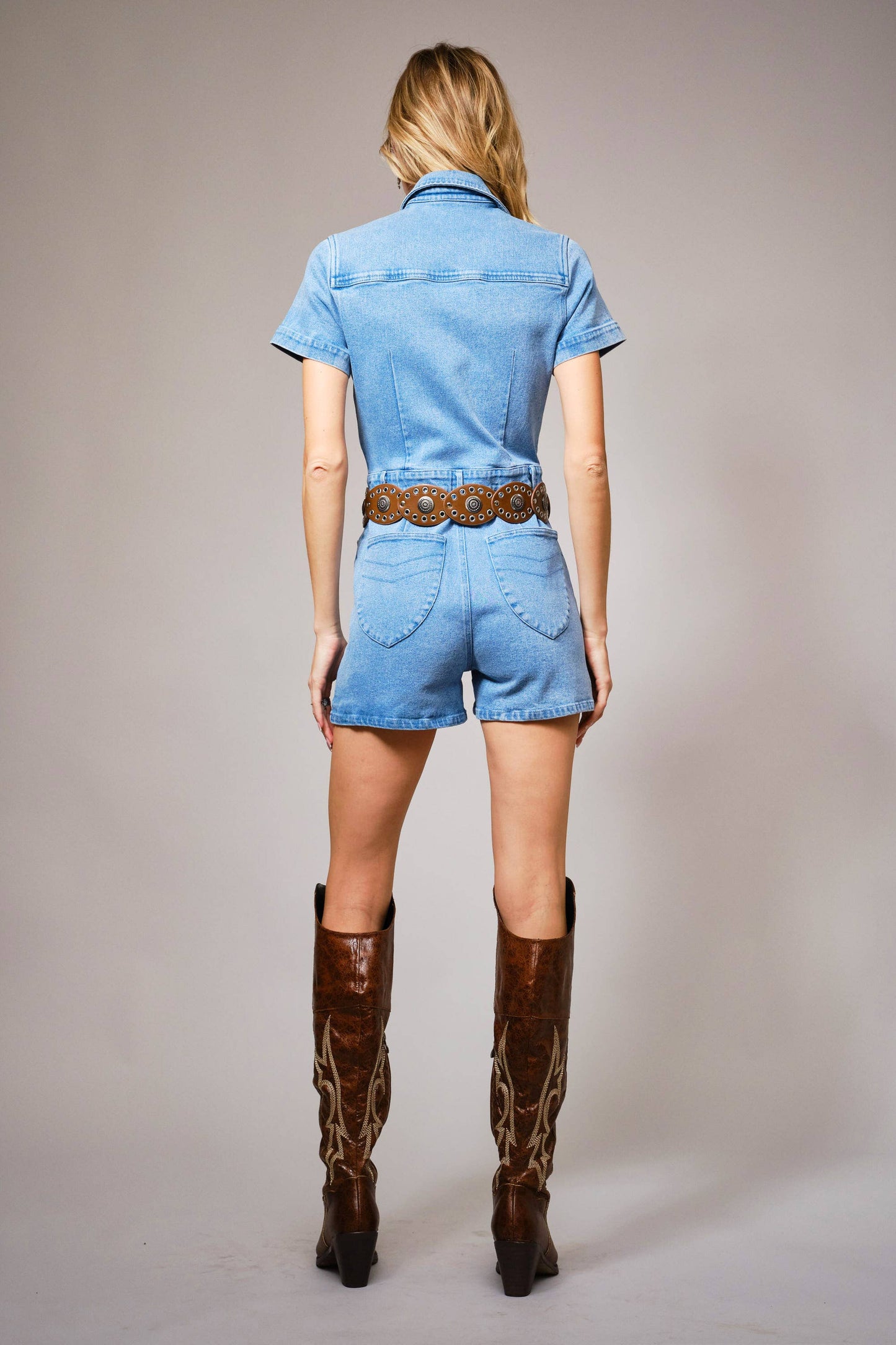 Garment Washed Embroidered Denim Romper