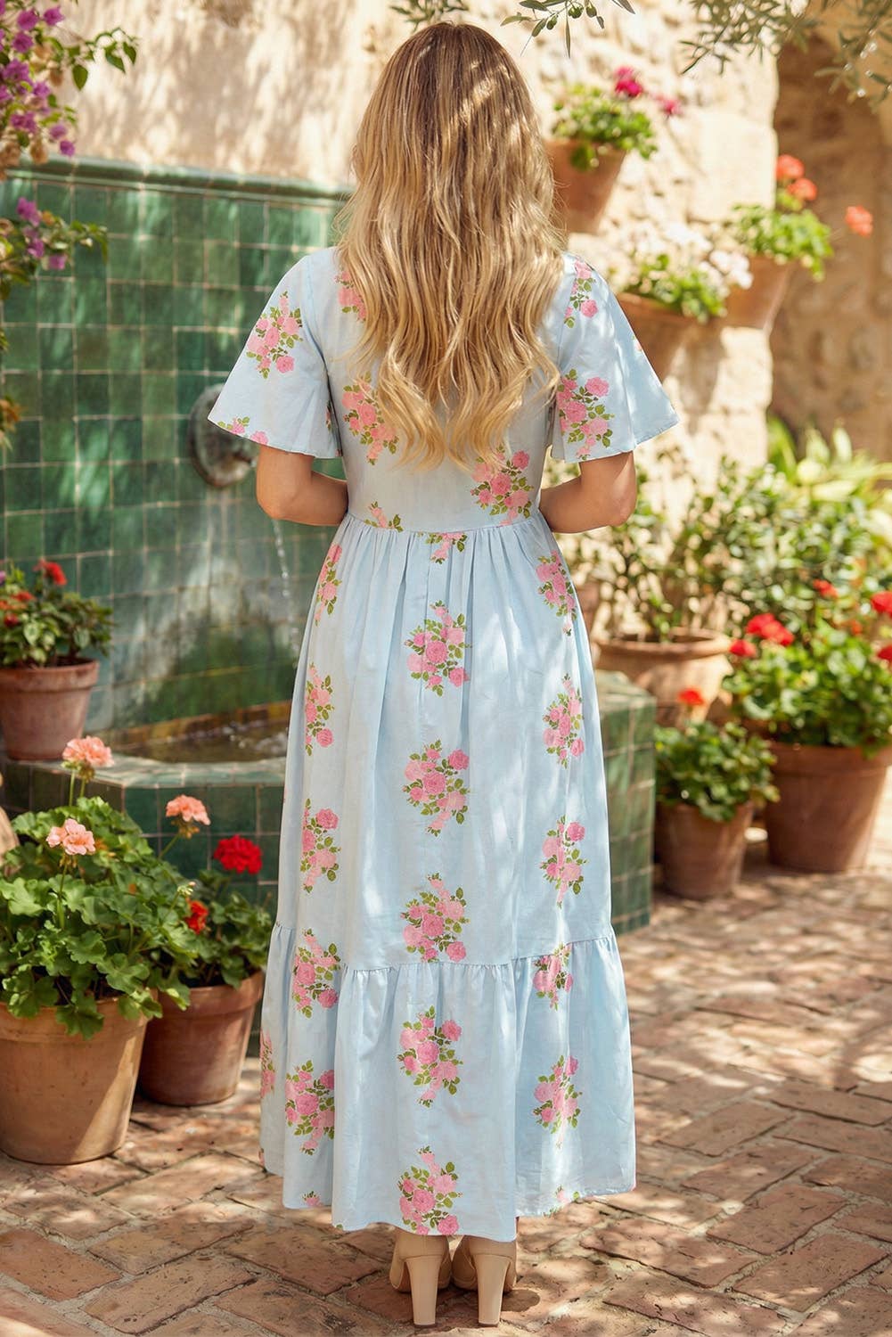 V Neck Flutter Short Sleeve Floral Maxi Dresses Sky Blue