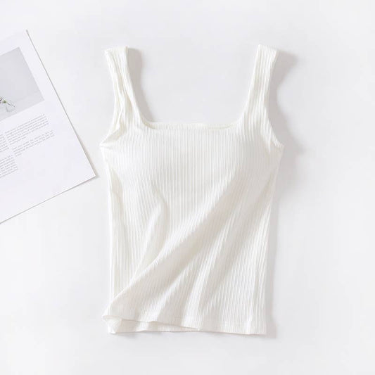 Basic Essential cotton square neck rib tank top w self bra: White
