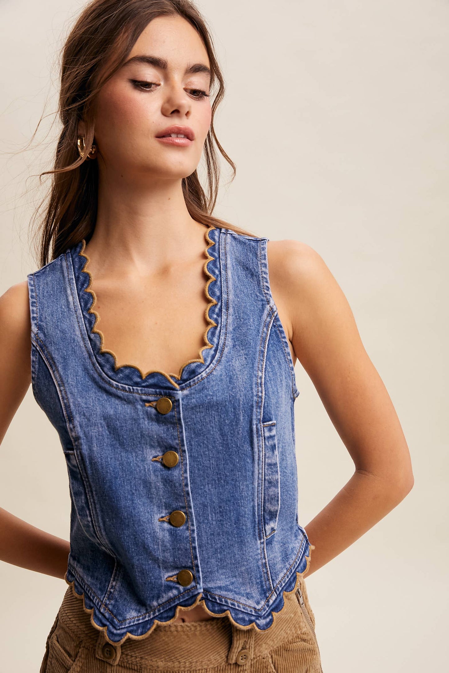 Scallop Trim Stretch Denim Vest Drift Blue