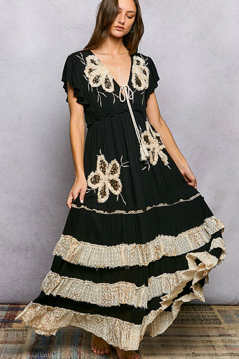 Ruffle Trim V-neck Embroidery Sequins Tassel Long Dress: Black