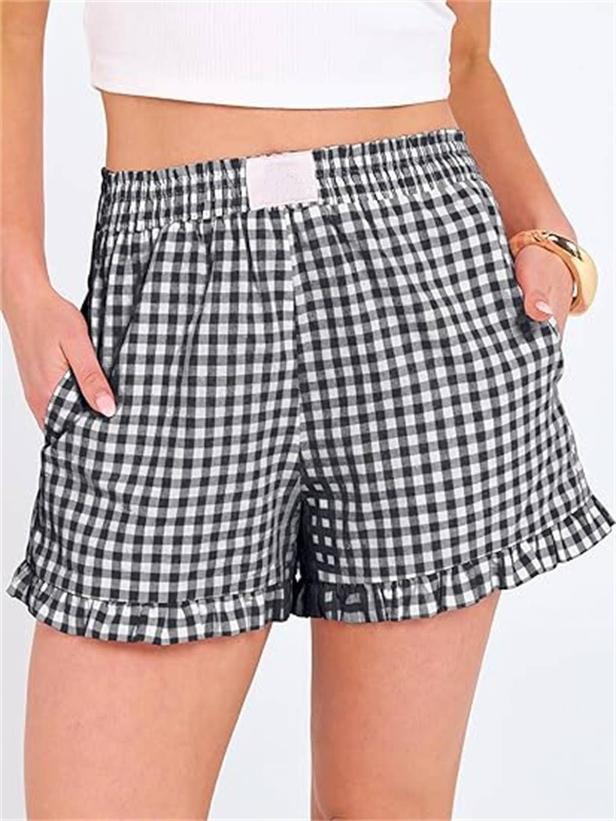 Beach Check Print Shorts Ruffle Casual Shorts: Black