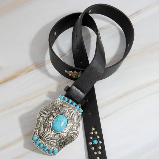 Turquoise Stone Western Concho Buckle Faux Leather Belt Silver