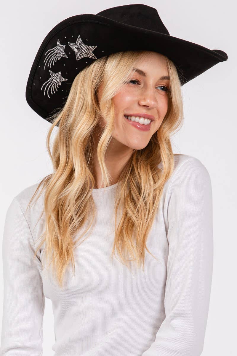 Rhinestone Moon And Star Embroidered Cowboy Hat Black