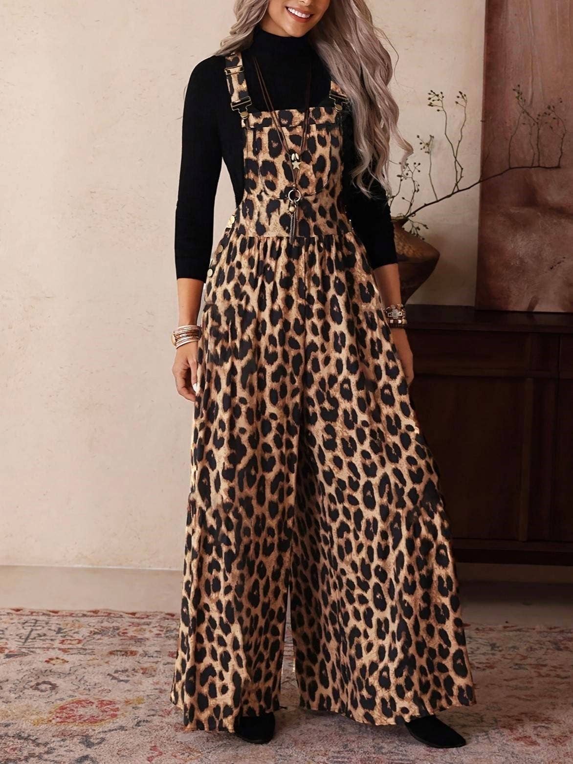 Retro Western Leopard Print Adjustable Strap Jumpsuit: Leopard