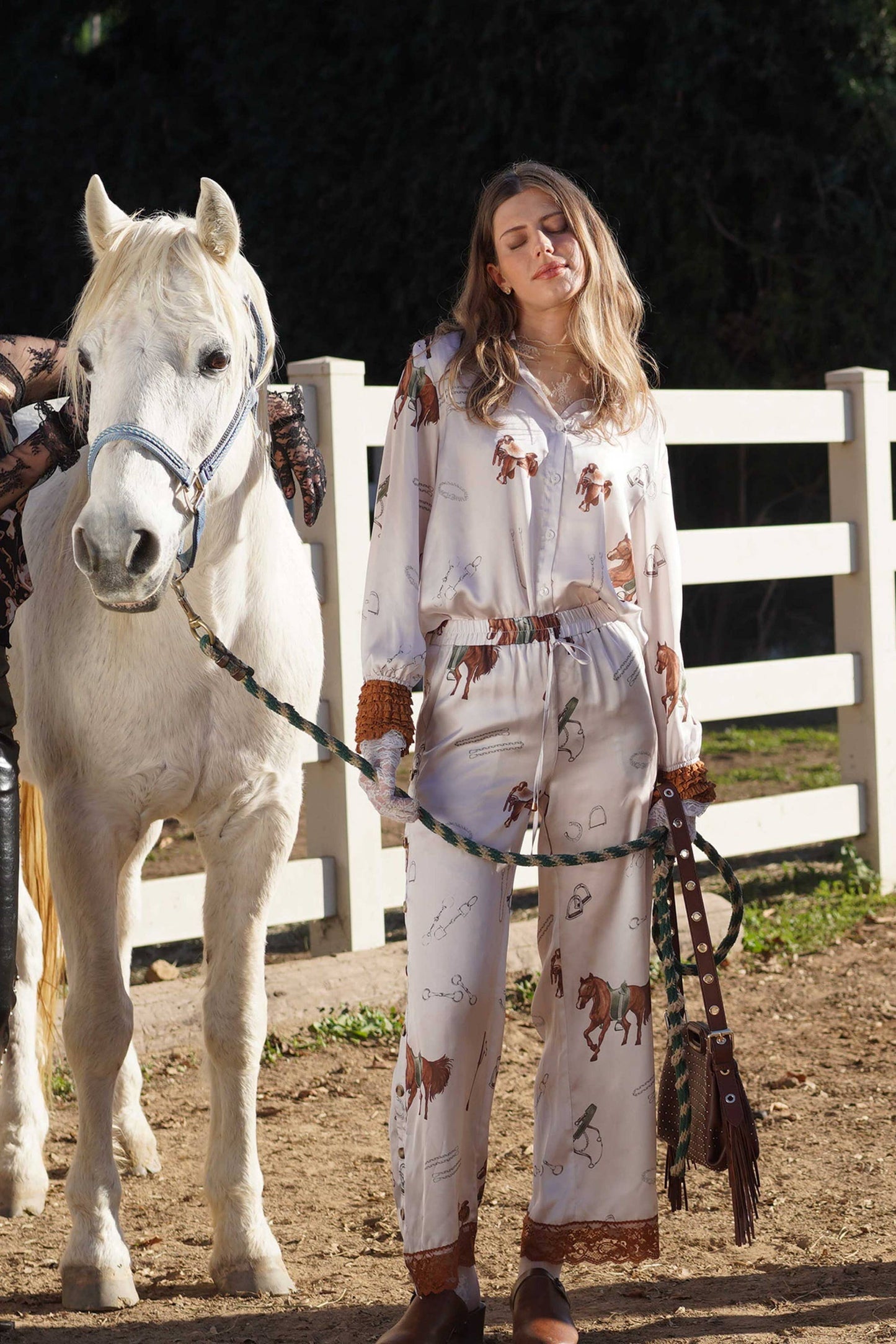 37991T Stretch Satin Western Print Blouse: SILVER GREY
